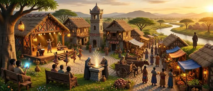 A thriving African medieval-fantasy village panorama at golden hour